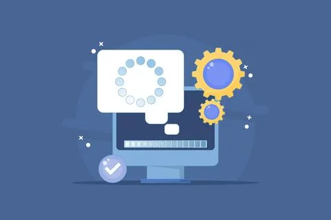 Concept of a completed process or progress. successful processing, installation. Illustrazione stock