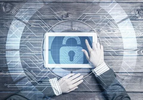 Concept of computer access with media lock icon on tablet screen Illustrazione stock
