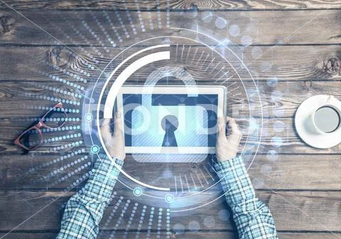Concept of computer access with media lock icon on tablet screen Stock Photos