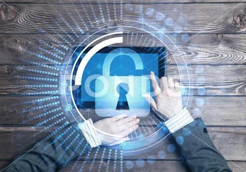 Concept of computer access with media lock icon on tablet screen Stock Photos