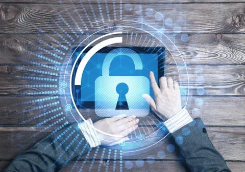 Concept of computer access with media lock icon on tablet screen Stock Photos