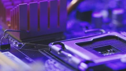 Concept of computer, motherboard, hardware and technology. Computer mainboard or Video stock 194643588