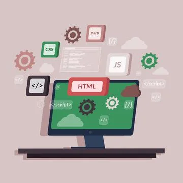 Concept of computer programming or developing software or game. Monitor with Illustration