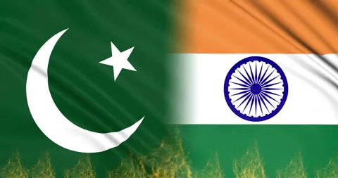 Concept of a Conflict between India and Pakistan with waving flag on a wall. Stock Footage 308800165
