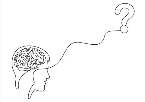 Concept of confused feelings in one continuous line drawing. Human head with qu  Stock Illustration