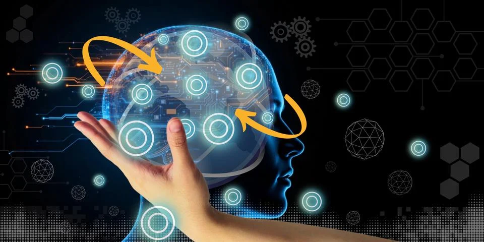 Concept of connecting the human brain with advanced technology and future Stock Illustration