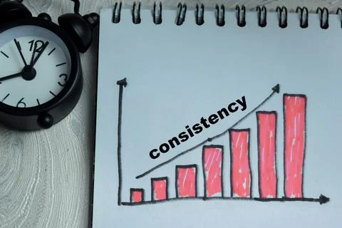 Concept of consistency write on book isolated on Wooden Table. Stockfoto's