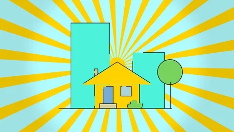 Concept of construction flat style house and rotation sun, isolated on blue Stock Footage 128425198