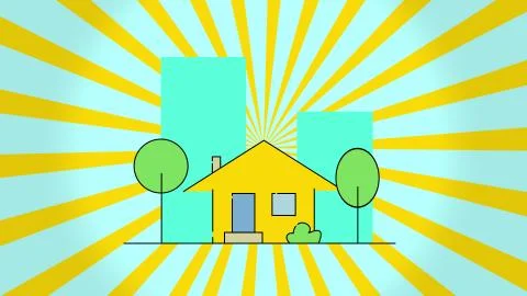 Concept of construction flat style house and rotation sun, isolated on blue Stock Illustration