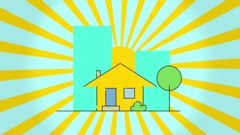 Concept of construction flat style house and rotation sun, isolated on blue Illustrazione stock