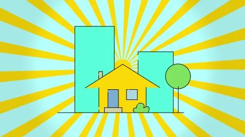 Concept of construction flat style house and rotation sun, isolated on blue Stock Illustration