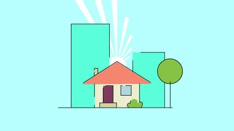 Concept of construction flat style house and rotation sun, isolated on blue Illustrazione stock