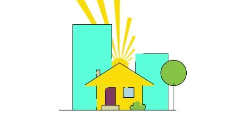 Concept of construction flat style house and rotation sun, isolated on white Stock Illustration