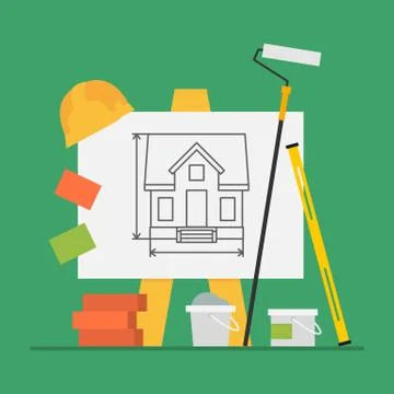 Concept Construction Flip Chart Level Bricks Bucket Cement Paint Helmet Illustrazione stock