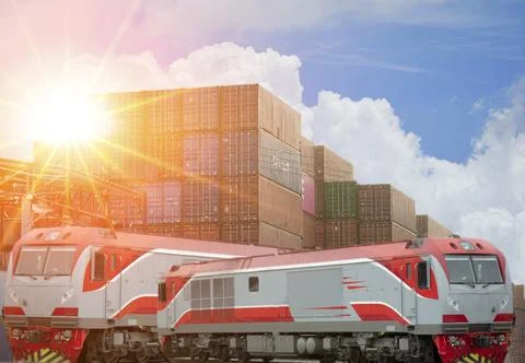 The concept of container transportation using a freight rail system. Stock Photos