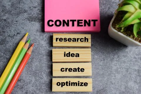 Concept of content development write on sticky notes with keywords Stock Photos