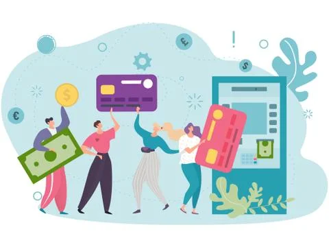 The concept of convenient use of plastic cards of customers using an ATM near Ilustración de archivo