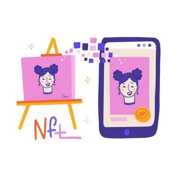 Concept of converting an art work into a unique token. ART to NFT, non-fungible Stock Illustration