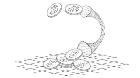 Concept of converting Bitcoin to Dollars. Outline BTC and USD coins transferred Illustrazione stock