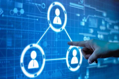 Concept of corporate communication in the program on a futuristic digital dis Stock Photos
