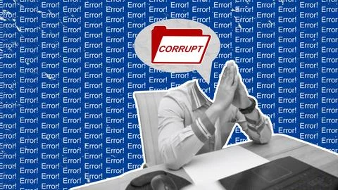 Concept of corrupt file and data corruption through a digital collage. Cros.. Stock Photos