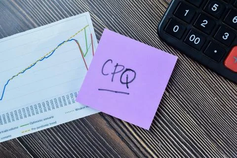 Concept of CPQ write on sticky notes isolated on Wooden Table. Foto stock