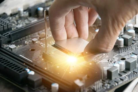 The concept of the CPU chip is like the brain of the computer. Stock Photos
