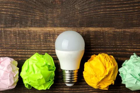 Concept creative idea. concept of creative idea. Bulbs of crumpled paper and Stock Photos