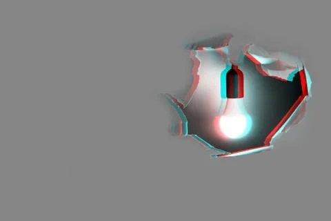 Concept of creative idea. A light bulb shines in hole of gray paper Fotos Stock