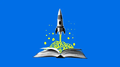 Concept of creativity and imagination. Rocket launches from book Stock Footage 331216674