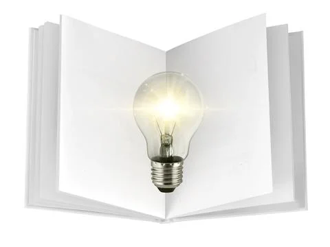Concept creativity with bulbs that shine glitter on over open book Stock Photos