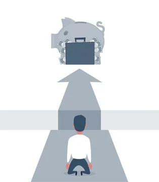 Concept of crisis and failure. Sad businessman on kneel looking down over big Stock Illustration