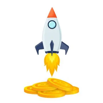 Concept of Crypto currency. Blockchain with a rocket. Bitcoin is Symbol going in Stock Illustration