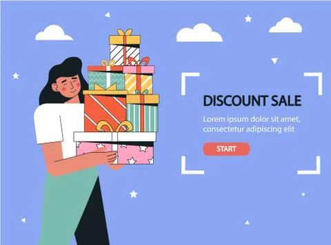 Concept of customer loyalty programs, sales, discount, bonuses. Woman hold a big Stock Illustration