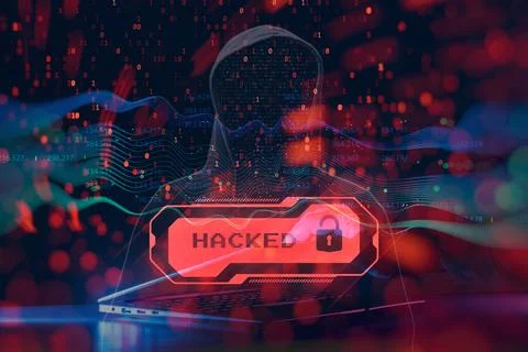 Concept of cyber attack and data breach. Anonymous hacker in hoodie using a l Foto stock