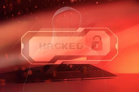 Concept of cyber attack and data breach. Anonymous hacker in hoodie using a l Stock Photos