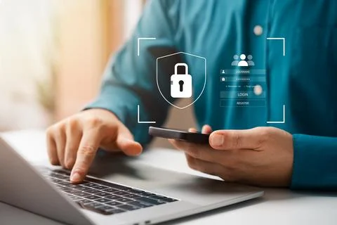 Concept of cyber security, businessman using smartphone information securit.. Stock Photos