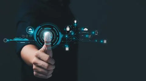 Concept of cyber security digital technology, business people use fingerprint Stock Photos