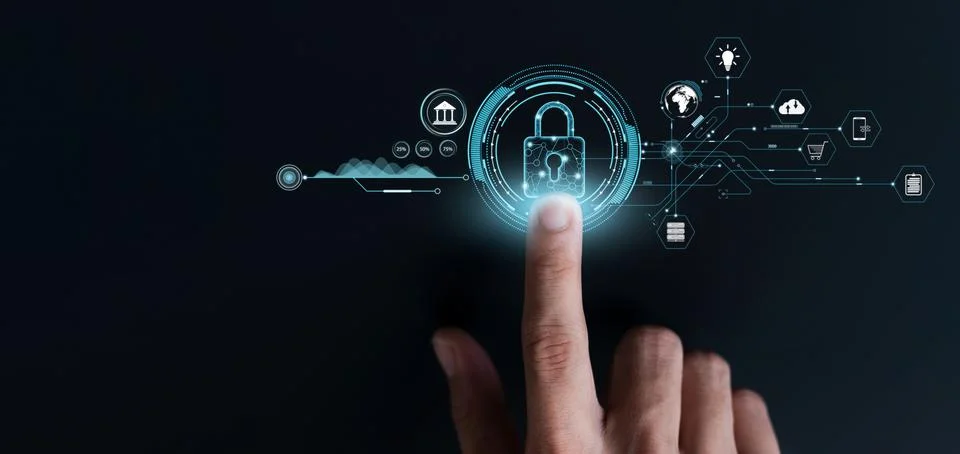 Concept of cyber security digital technology, business people use fingerprint Stock Photos