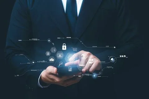 Concept of cyber security digital technology, business people use fingerprint Foto stock