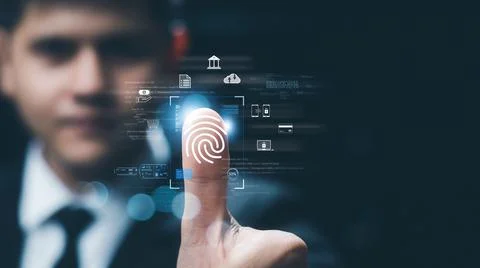 Concept of cyber security digital technology, business people use fingerprint Stock Photos