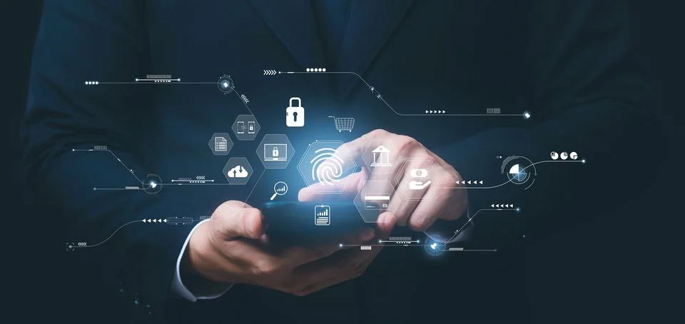 Concept of cyber security digital technology, business people use fingerpri.. Stock Photos