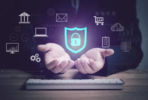 Concept of cyber security in mobile or tablet transactions. Stock Photos