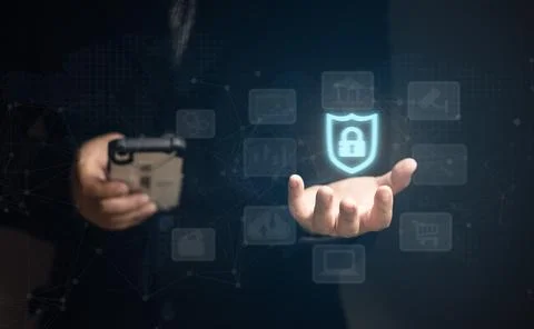 Concept of cyber security in mobile or tablet transactions. Stock Photos