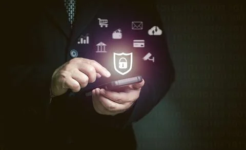 Concept of cyber security in mobile or tablet transactions. Stock Photos