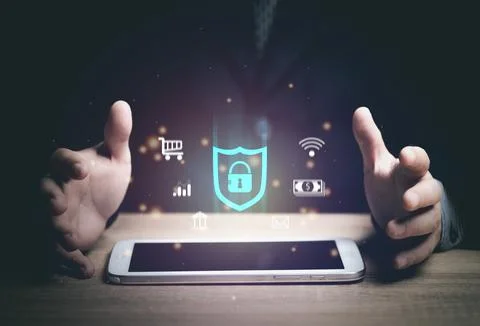 Concept of cyber security in mobile or tablet transactions. Stock Photos