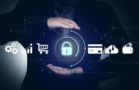 Concept of cyber security in mobile or tablet transactions. internet securi.. 스톡 사진