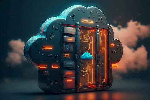 Concept of cyber server cloud data storage. Cloudscape digital online rack Иллюстрация