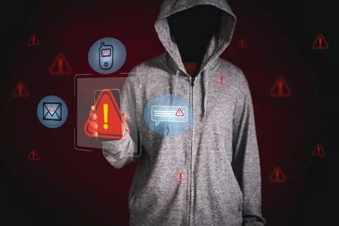Concept of cyberattack is illustrated by hand reaching toward digital red a.. Stock Photos