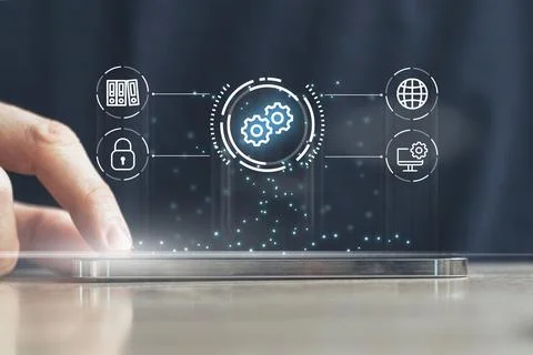 Concept Data Automation. Tech icons with graphics over smartphone. Stock Photos